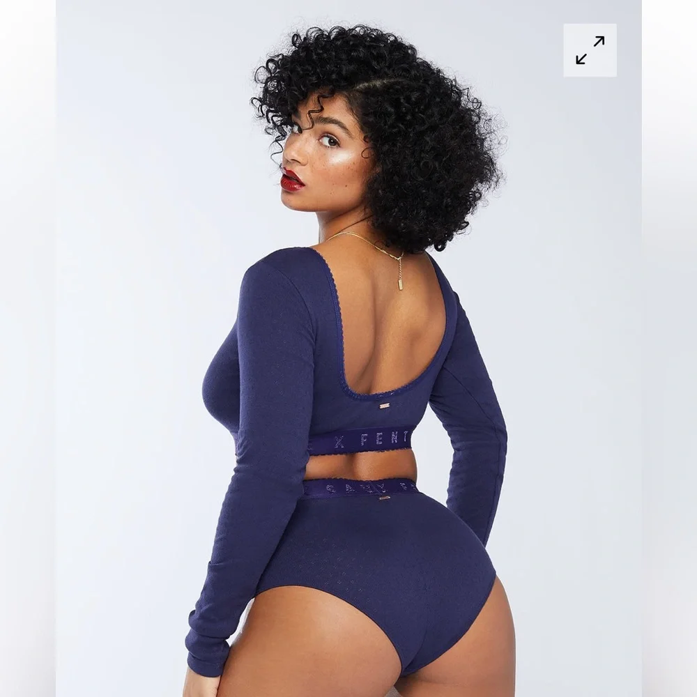 Savage X Fenty Long Sleeve Crop Top Blue Size XS Pointelle knit Scoop Neck
